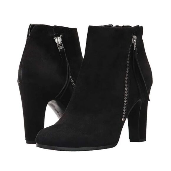 Sam Edelman Sadee Black Suede Heeled Booties Size 9.5 Leather Tall Tassel Zipper - Picture 1 of 16